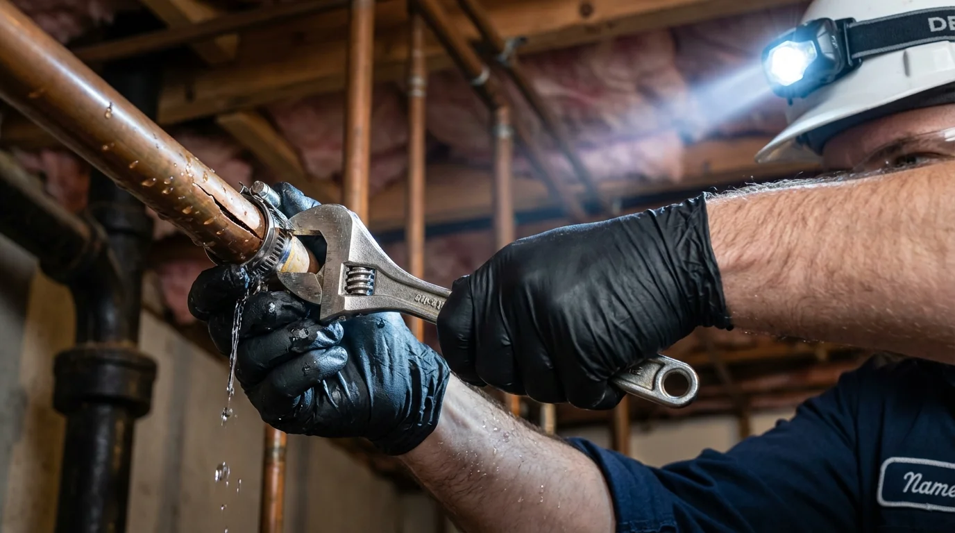 Emergency pipe clamp repair being performed by a Johns Plumbing LLC plumber in Kemah