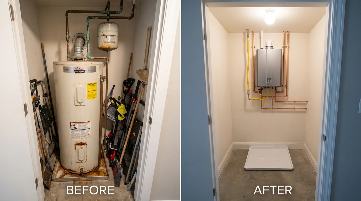 Tank water heater versus wall-mounted tankless unit comparison for Kemah, TX homeowners