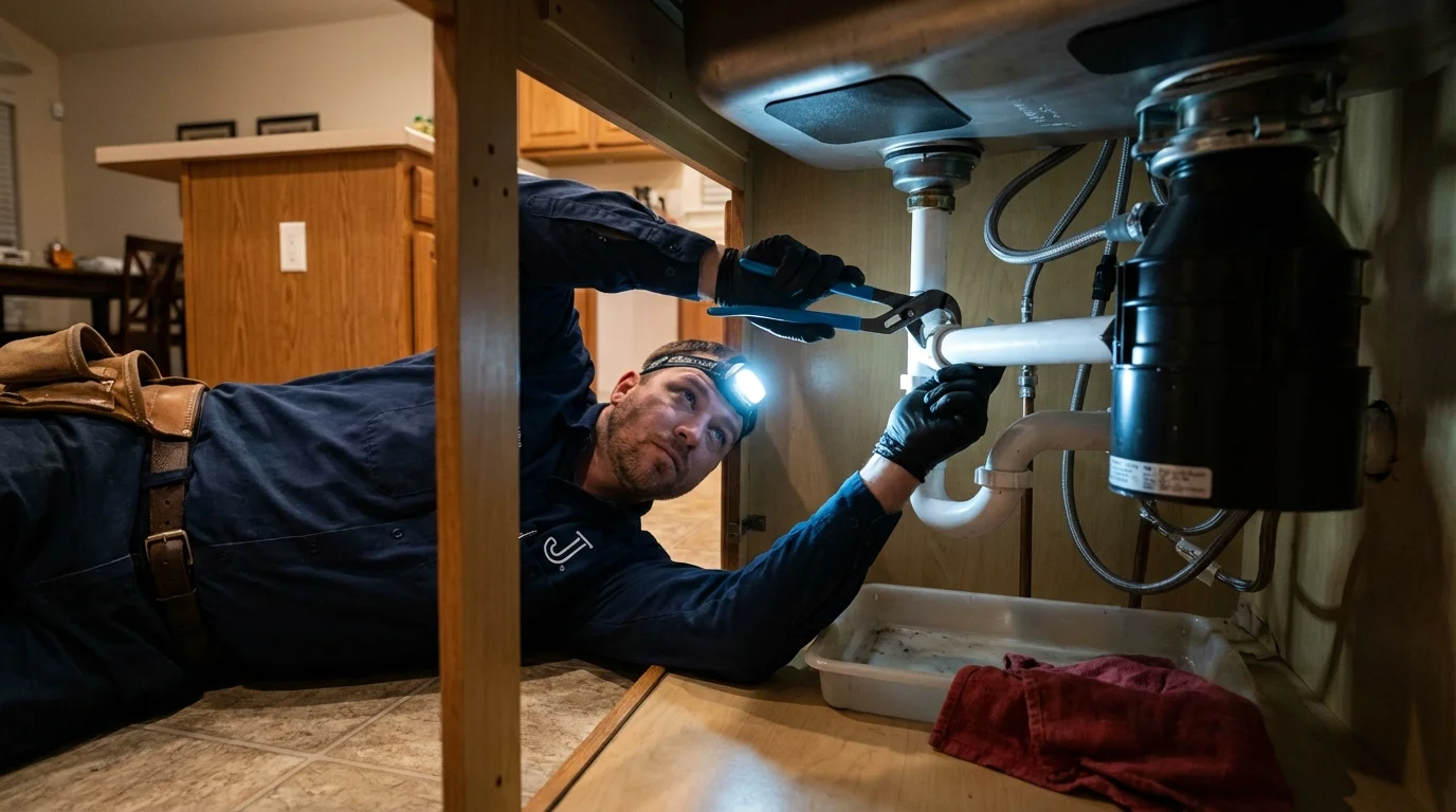 P-trap and supply line connections under a kitchen sink showing a common leak point in Kemah, TX